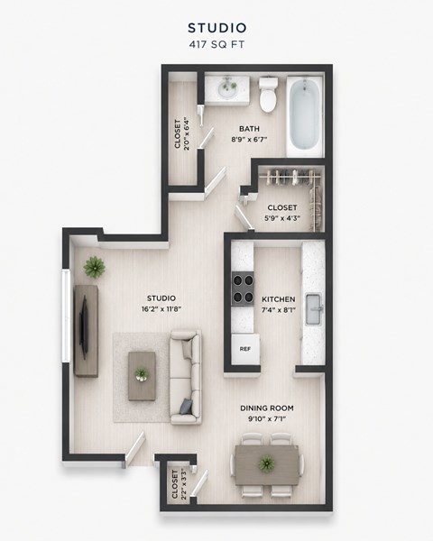 Floor plan for studio, 1 bath, 417 sqft